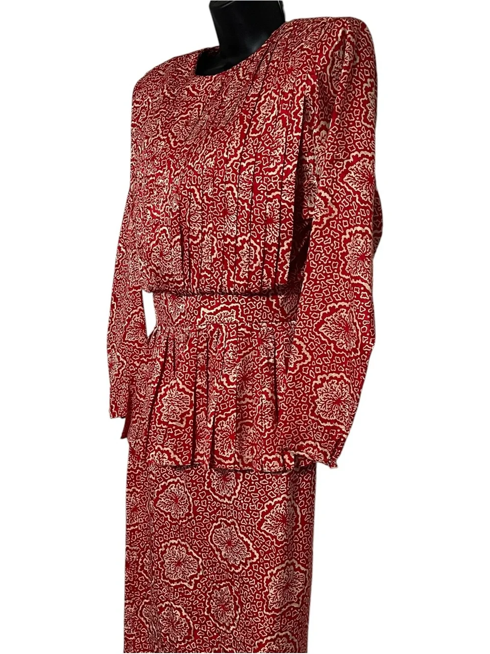 Vintage Raul Blanco Silk Dress Red Cream Print Size 8 Pleated Bodice Long Sleeve